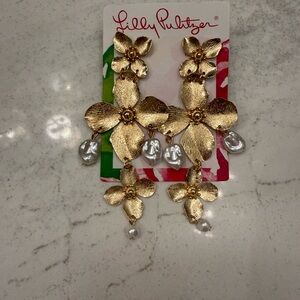 Lilly Pulitzer Gold Floral Pearl Drop Statement Earrings